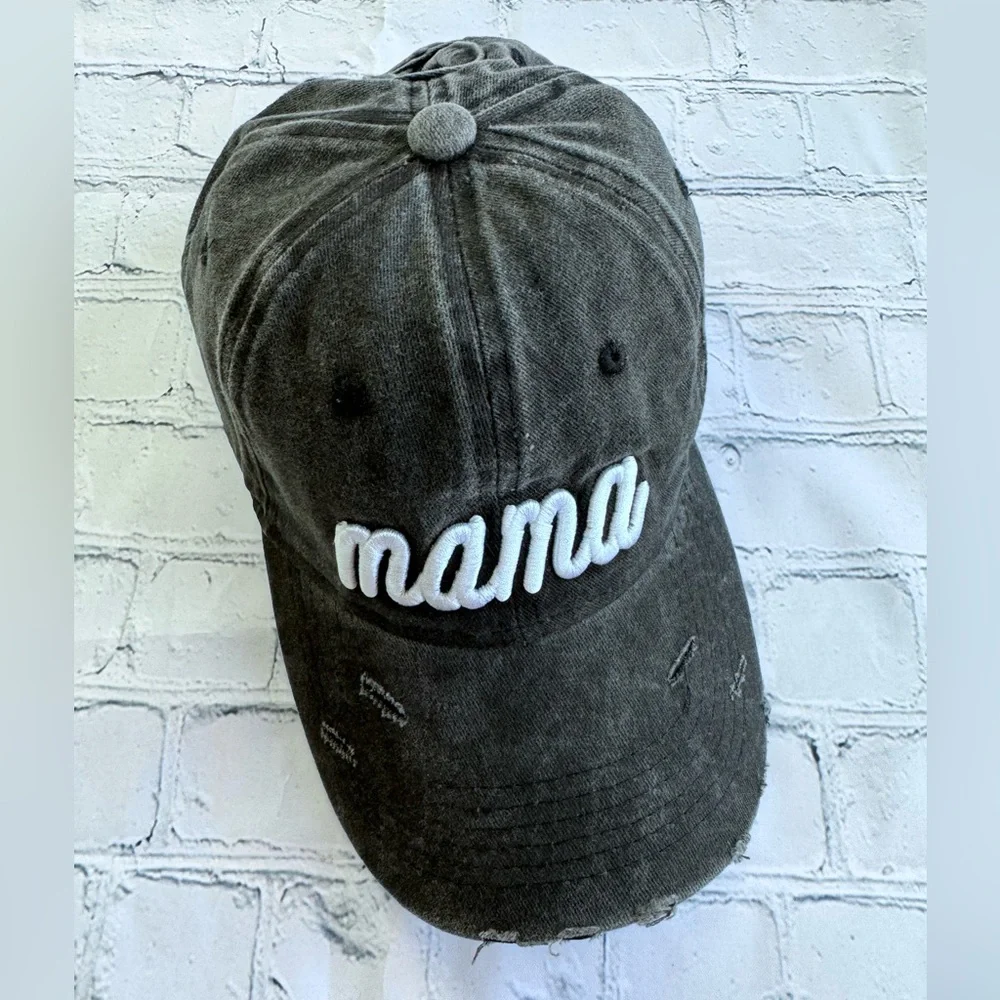 “Mama” Embroidered Distressed High Ponytail Adjustable Hat Cap 💗